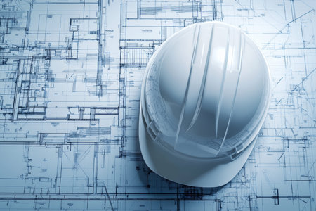 White safety helmet on construction blueprint 3d rendering for industrial project planning