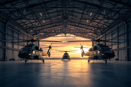 Cinematic image of modern black military helicopters sheltered in a hangar settingの写真素材