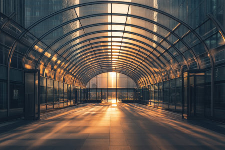 Modern glass and steel walkway at canary wharf, london, bathed in golden hour lightの写真素材
