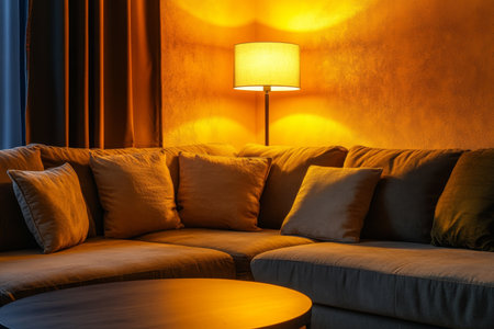 Stylish corner sofa with table and lamp in a contemporary living room perfect for cozy eveningsの写真素材