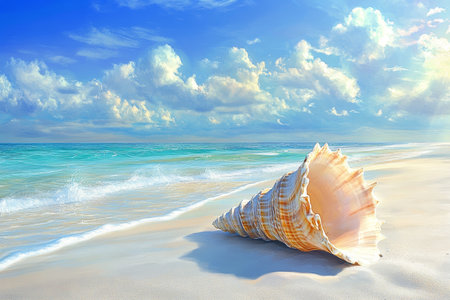 A vibrant conch shell on white sands beneath a bright sky and azure sea in fantasy styleの写真素材