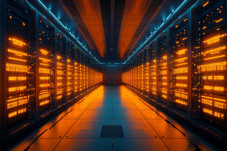 Futuristic high tech data center showcasing advanced server racks illuminated by orange lights