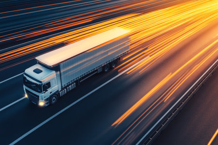 Abstract motion blurred light trails of a truck on a highway with a colorful sky backgroundの写真素材
