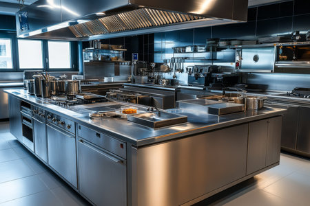 Sleek stainless steel kitchen with professional appliances and a central islandの写真素材