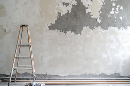 Family home under renovation modern living room with decorative drywall and peeling paintの写真素材