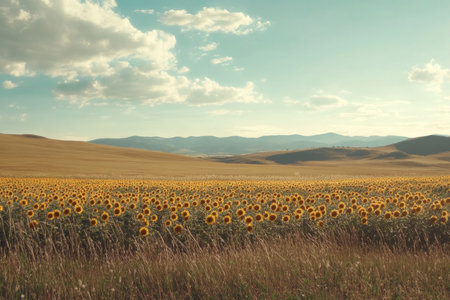 Vibrant sunflower field under clear skies captured in stunning photography styleの写真素材