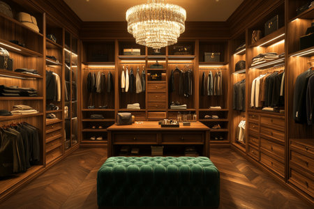 Elegant walk in closet featuring dark green velvet bench and crystal chandelier with soft lightingの写真素材