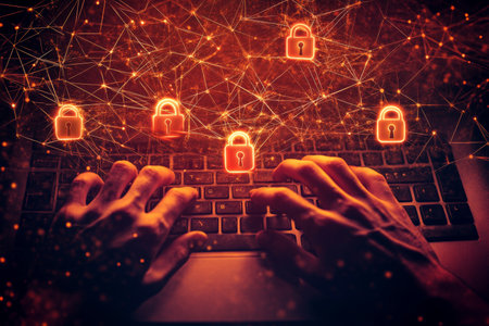 Brutalist cybersecurity concept with hands typing, padlock icons, and glowing lines for protectionの写真素材