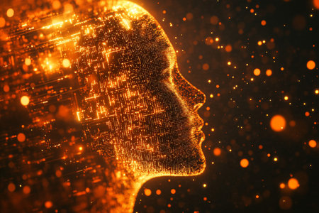 Futuristic 3d head of glowing data points against abstract digital background with binary codeの写真素材