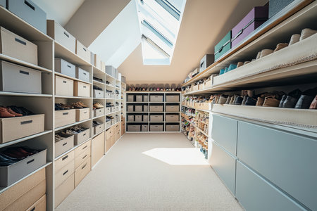 Bright and spacious attic with white walls, purple accents, and abundant shoe box storage solutionsの写真素材