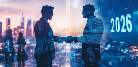 Double exposure of digital business scene with handshake and the year 2026 highlighted