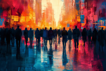 Vibrant impressionist abstract of silhouetted crowds in a colorful urban street sceneの写真素材