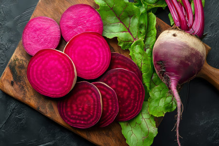 Top view of sliced pink radishes and vibrant red and purple beets on a wooden board