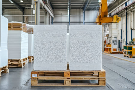 White polystyrene foam wall panels stacked on wooden pallets in a warehouse settingの写真素材