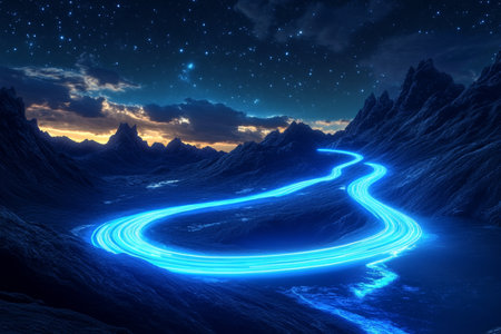 3d render of a blue light trail shaped like a road winding through mountains at nightの写真素材