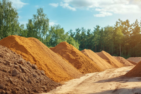 Construction site with sand piles, construction materials, and trees under a bright sunny sky