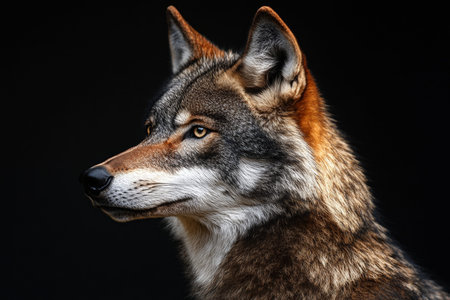 Stunning portrait of a wolf against a black background with ample copy space for text