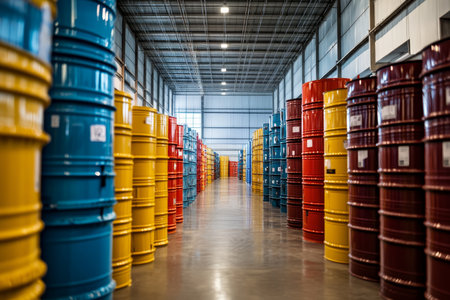 Vibrant storage room with colorful oil barrels in a modern warehouse under bright daylightの写真素材