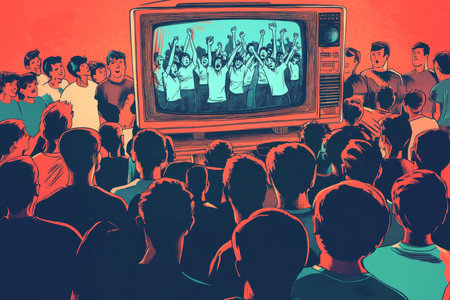 Crowd enjoying vintage cartoon aesthetic on screen with propaganda style celebration artwork