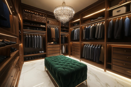 Elegant modern walk in closet featuring wooden shelves, men's suits, and a velvet bench centerpieceの写真素材