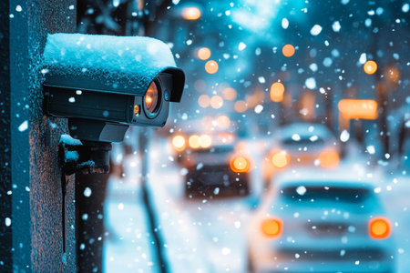 Cinematic capture of cctv cameras overlooking snowy urban life in a residential area at duskの写真素材