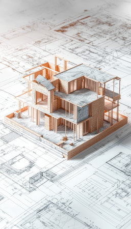 Architectural blueprint of a house model with bricks and drawings on a white background
