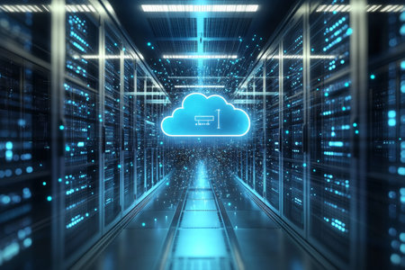 Futuristic cloud computing technology and data center concept in a modern cityscape illustration