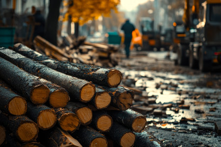 Close up of cut wood stacks in foreground, with workers and equipment blurred in background