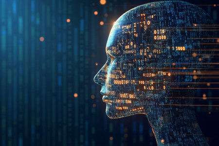 Side view of an ai head constructed from circuit boards and binary code on dark blue background