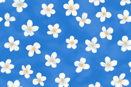 Charming hand drawn seamless pattern of white flowers on blue, perfect for children s book covers