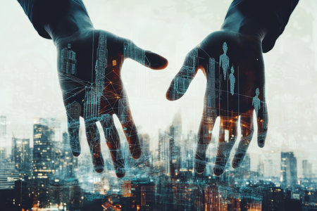 Giant hands manipulating people as puppets with a business graph background.の写真素材