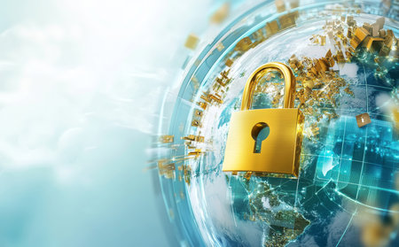 Digital earth illustration with cybersecurity elements for global data protection and safetyの写真素材