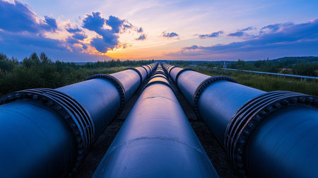 Dusk at an oil and gas plant large pipes, blue sky, and symmetrical composition in photographyの写真素材