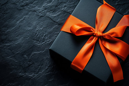 Stylish black gift box with orange ribbon on dark background for black Friday promotionsの写真素材