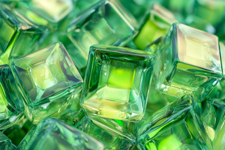 Abstract 3d rendering of glass cubes with a holographic background in cyan and green colorsの写真素材