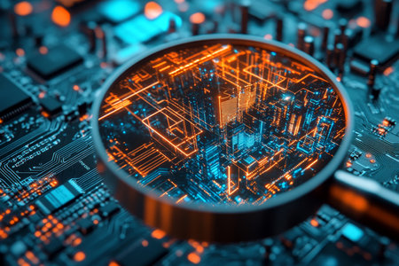Magnifying glass revealing digital cityscape on circuit board with vibrant lighting effectsの写真素材