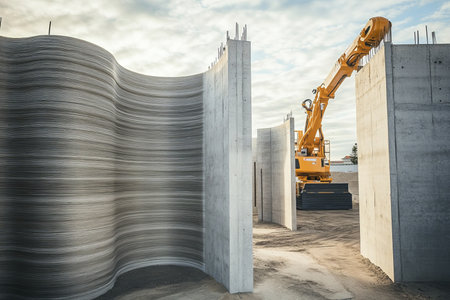 3d printed structure under construction with robotic arm showcasing textured concrete wallsの写真素材