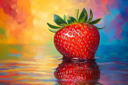 Vibrant oil painting of a strawberry with colorful backdrop and water reflection in art styleの写真素材
