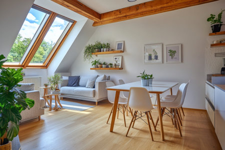 Bright and cozy polished apartment with modern furniture, natural light, and indoor plantsの写真素材