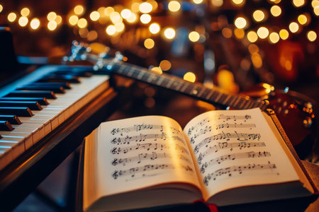 Close up of guitar music book with electric piano and concert equipment in cinematic bokehの写真素材