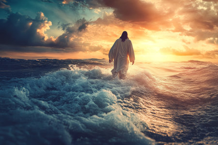 Realistic photo of Jesus walking on water during a stormy sunset with turbulent waves around himの写真素材