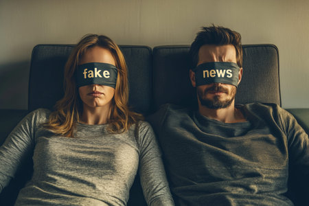 Couple blindfolded with fake news on their eyes in modern living room watching televisionのeditorial素材