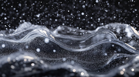 Abstract 3d render of silver waves on black background with falling snow for creative designsの写真素材
