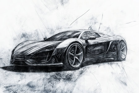 Detailed black and white pencil sketch of a sports car concept art on neutral backgroundの写真素材