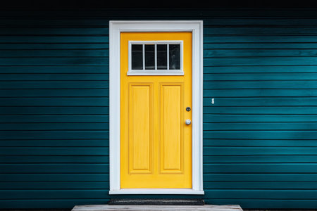 Charming american home exterior with yellow front door and pastel teal walls under bright daylight