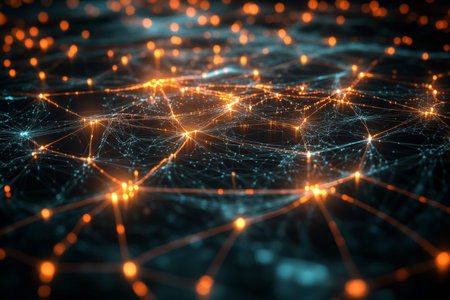 Abstract digital world map with glowing connections for global network in business and technologyの写真素材