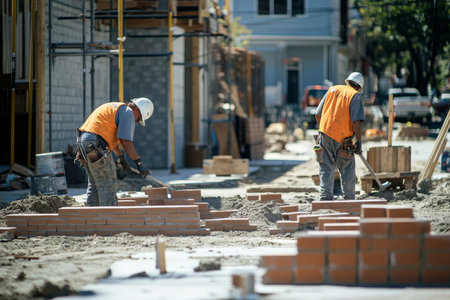 Vibrant street scene construction workers laying bricks under bright sunlight on urban siteの写真素材