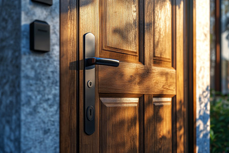 Close up of a modern lock and handle on a wooden front door in sunlit realistic photographyの写真素材