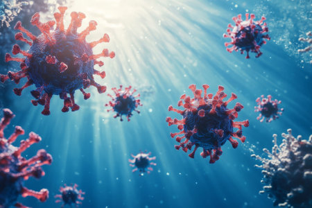 3d visualization of red and blue coronavirus particles with sunlight over blue water and coral