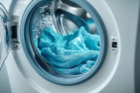 Open white washing machine with fresh blue and turquoise fabric, evoking a clean modern aestheticの写真素材